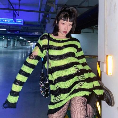 Womens Man Striped Sweater 2021 Punk Gothic Long Unisex Sweater Dress Cool Hollow Out Hole Broken Jumper Loose Rock Thin Sweter