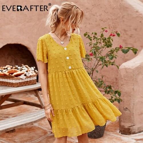 EVERAFTER Elegant flower embroidery women dress summer v-neck ruffles high waist loose sundress dot solid short beach dresses