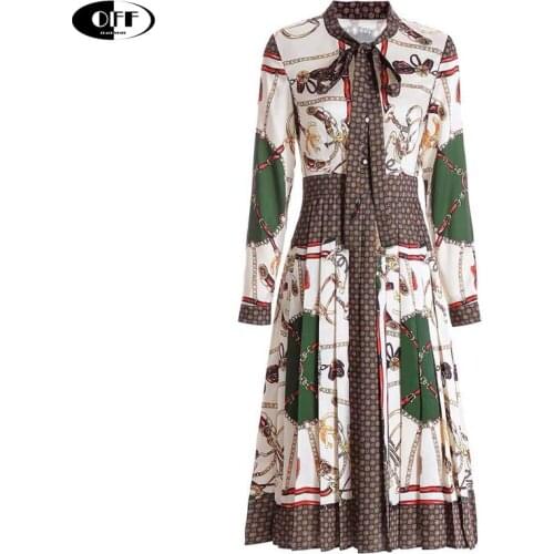 Designer Woman dress Spring Autumn Womens Long sleeve Vintage Print Elegant Bow Pleated Dresses Lady Clothes Slim Vestidos Robe