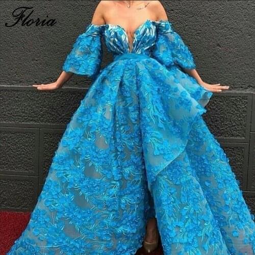 New Arrival Blue Middle East Prom Dresses A-Line Off Shoulder Arabic Evening Dresses 2019 Long Pearls Embroidery Party Gowns