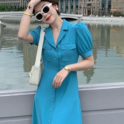 2021 Summer Vintage Midi Dress Women Party Casual Elegant Office Lady Dresses Blue Slim Korean Style Fashion Designer Clothing
