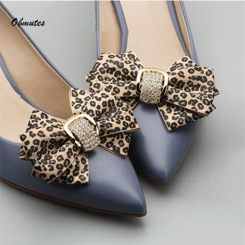 2PCS Leopard Rhinestone Bow Shoes Flower Shoe Buckle Clips DIY Accessories Shoes Decoration Hot
