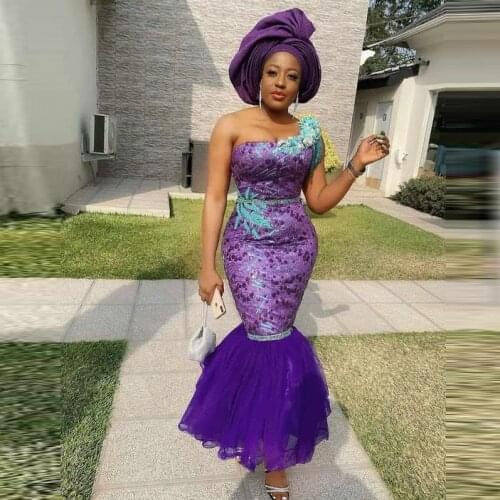 Aso Ebi Purple Prom Dresses 2021 For Black Girls One Shoulder Sash Beads Appliques Evening Gowns For Women robes de soirée Party