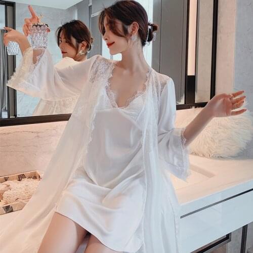 Satin Two Piece Sleepwear Lace Robe Set For Sexy Women Bathrobe Nightgown Summer Casual Kimono Gown Lounge Wear Homewear
