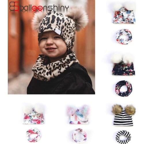 Balleenshiny Childrens Printed Furball Hat and Scarf Set Autumn and Winter Baby Hat Infant Toddler Cap Baby Kids Scarf for 1-2Y