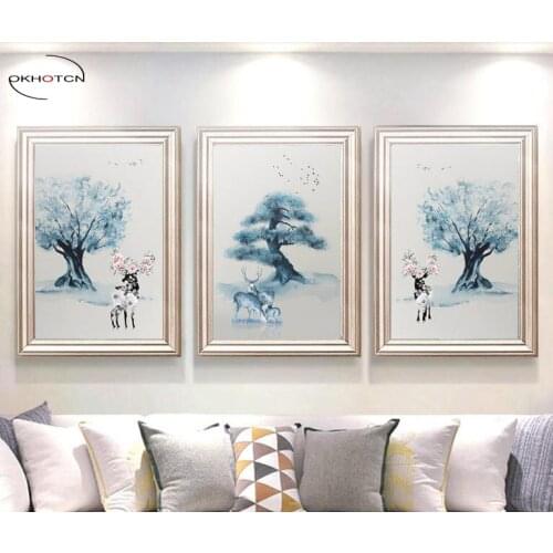 Unframed 3 Pieces/Set Blue Tree Wear Wreath Deer Animal Print Poster Canvas Painting Modern HD Printing Home Decor