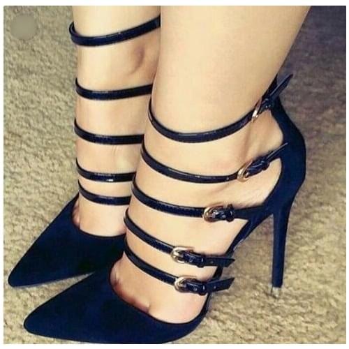 New Designer Black Leather Cross Strappy Sandals Pointed toe Cut-out Buckle Strap Large Size Womens Shoes Hollow High Pumps