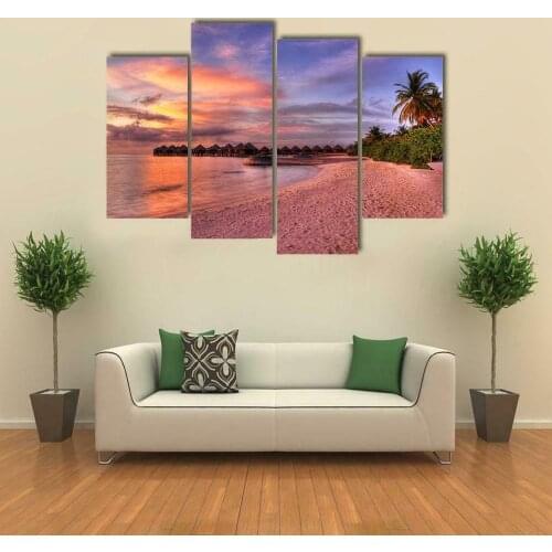 4 Pcs Purple Sunset Beach Landscape Painting Modular Wall Pictures For Living Room Decorative Wall Decor Poster No Frame Canvas