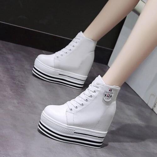 Woman Platform Vulcanized Shoes 12CM Hidden Heel Height Increasing Casual Shoes Female High-top Sneakers Wedges Canvas Shoes