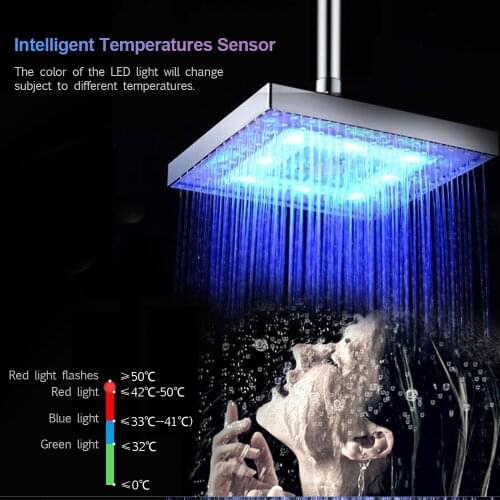 LED Rainfall Shower Head Square Shower Head Automatically RGB Color-Changing Temperature Sensor Showerhead for Bathroom