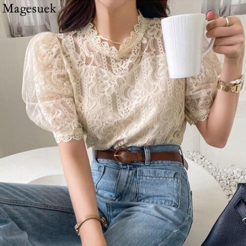 Sweet Lace Blouse Women Korean Retro Puff Short Sleeve Shirt Women Summer Fashion Ladies Stand Collar Mesh Crochet Tops 14807