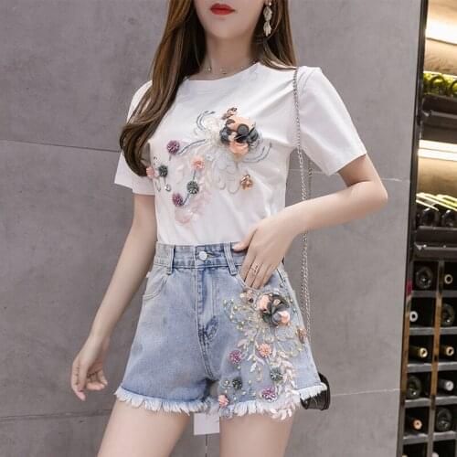 Fashion Women Summer Clothes Set 3D Flower Appliques Embroidery Short Sleeve Tshirt Denim Shorts Female Casual Outfits