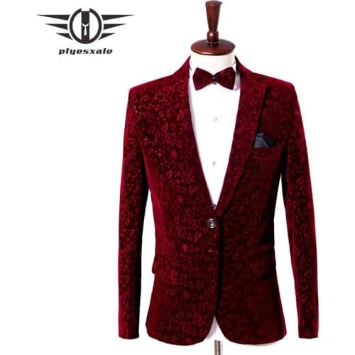 Plyesxale Burgundy Velvet Blazer Masculino Luxury Mens Floral Blazers Jacket Fashion Printed Designs Wine Red Prom Blazer Q459