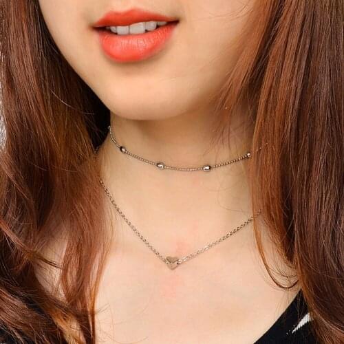 New Arrival Gold Silver Color Heart Pendant Necklace Fashion Double Layer Chain Choker Necklace For Women Top Quality #245547