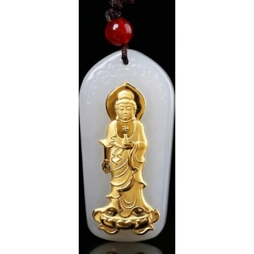 Charm fashion gold inlaid jade Bodhisattva pendant high grade Hetian jade Buddha Necklace Accessories + birthday gift