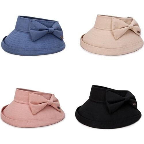 Female Visor Cap Adults Solid Color Bowknot Bucket Hat Sun-Resistant Hat for Summer Fall Blue/Pink/Brown/Beige/Coffee