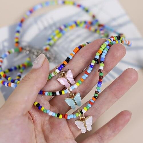 Simple Seed Beads Strand Necklace Women String Beaded Short Choker Necklace Jewelry Butterfly Pendant Chokers Necklace Gift 1pc
