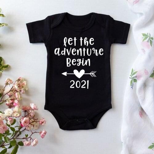 Let The Adventure Begin 2021 Pregnancy Announce Newborn Baby Clothes Girl Boy Clothing Rompers Soft White Cotton Baby Bodysuit