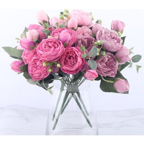 30cm Rose Pink Silk Peony Artificial Flowers Bouquet 5 Big Head and 4 Bud Cheap Fake Flowers for Home Wedding Decoration indoor