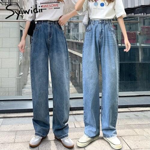 Syiwidii Button High Waisted Jeans for Women Blue Mom Denim Pants Straight Full Length Casual Xs Baggy Vintage Streetwear 2021