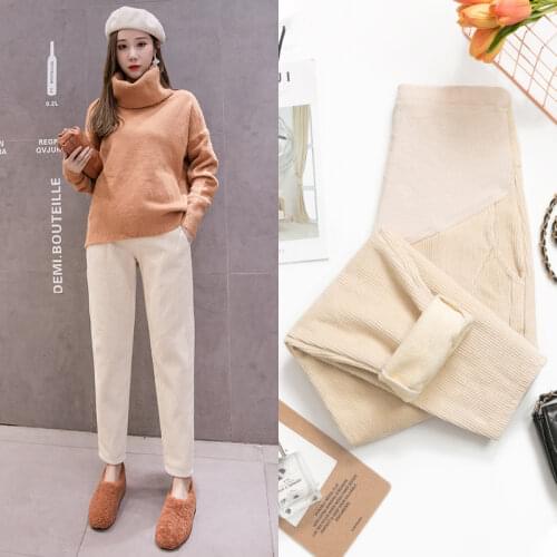 583 Autumn Winter Thick Corduroy Plus Velvet Maternity Pants Straight Casual Belly Trousers Clothes for Pregnant Women Pregnancy