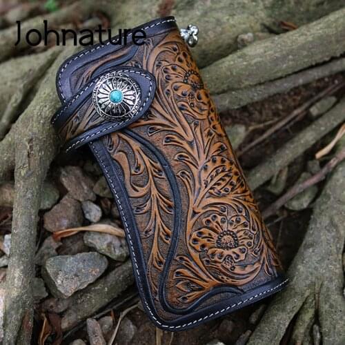 Johnature Genuine Leather Handmade Craved Luxury Wallet 2020 New Vintage Floral Hasp Men And Women Long Wallets Card Holder