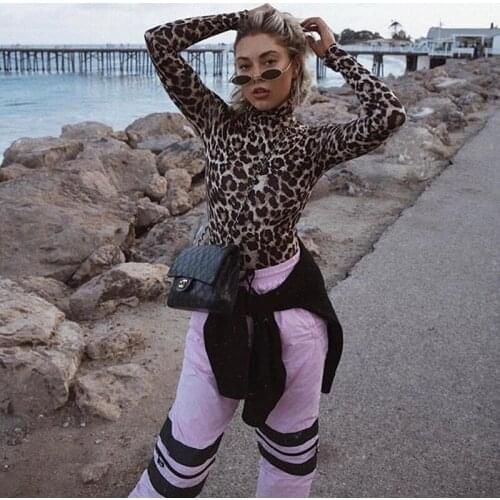 2020 Women Leopard Bodysuit Tops Autumn Turtleneck Long Sleeve Bodycon Skinny Bodysuits Jumpsuits Ladies Sexy Club Wear