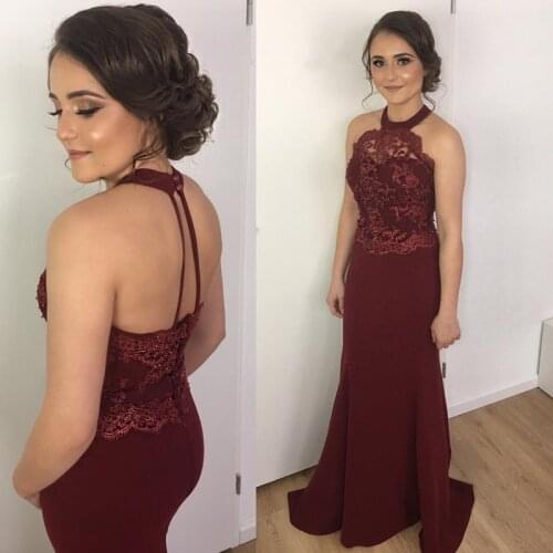 Burgundy Bridesmaid Dresses Plus Size Halter Mermaid Sheer Neck Lace Maid Of Honor Dress Sexy Backless Satin Long Party Gown
