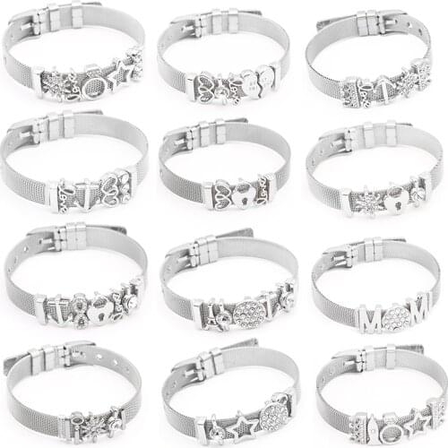 BAOPON Jewelry Silver Color Stainless Steel Mesh Bracelets Bangles with Love Heart Slide Charms Bracelets for Women Lover Gift
