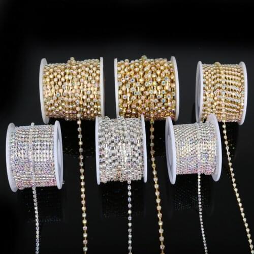 Hot 10yards Rhinestone Chain White AB SS6 SS10 SS12 Silver/Gold Color Chain for DIY Jewelry Craft Apparel Sew On Accessories