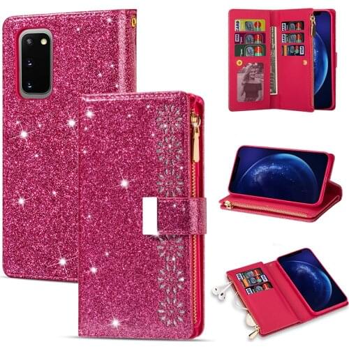 Glitter Magnetic Zipper Wallet Case For Samsung S20 S20+ S10 S9 S8 S7 S6 Note 10 10+ 9 8 A5 2017 A6 A7 J6 2018 Flip Leather Case