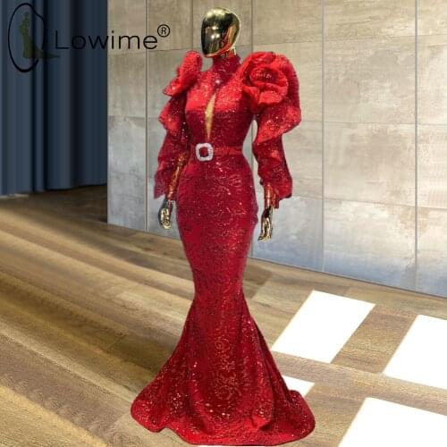 Ruffles Burgundy Muslim Long Sleeve Mermaid Evening Dresses 2021 High Neckline Sequin Prom Party Gowns