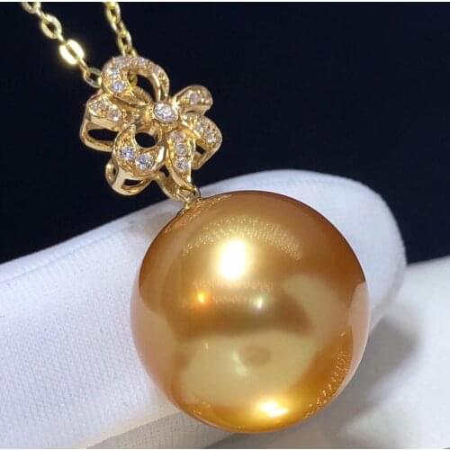 D206 Fine Jewelry 18K Yellow Gold Natural Ocean Golden Diamonds Pearl 14-13mm Pendant Necklaces for Women FIne Pearls Pendants