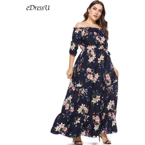 EDressU 2021 Plus Size Women Print Dress Off Shoulder Summer Long Dress Floral Dot Bohemian Daily Wear SQ-0095