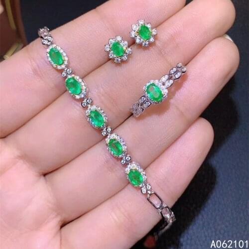 KJJEAXCMY fine Jewelry 925 sterling silver inlaid natural Emerald noble ring earring bracelet set support test Chinese style