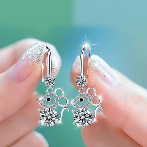 Cute Female Pink Blue White Stone Earrings Silver Color Long Drop Wedding Earrings Vintage Small Mouse Dangle Earrings For Women
