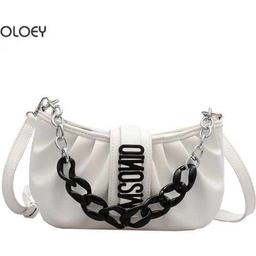 OLOEY fashion womens handbag baguette bag womens thick chain shoulder bag messenger bag pleated moon bag pearl crossbody bag