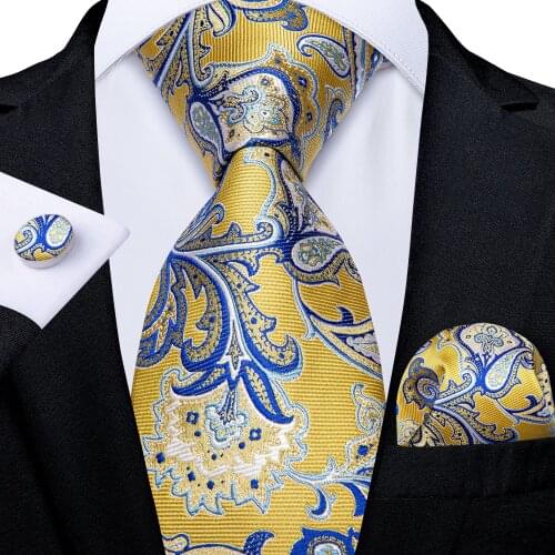 Men Necktie New Designer Gold Blue Paisley Wedding Tie For Men Handkerchief Cufflink Silk Tie Set DiBanGu Business Party MJ-7216