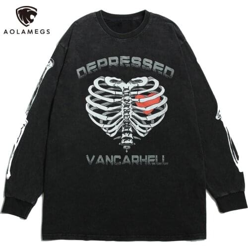 Aolamegs Sweatshirt Men Body Skeleton Heart Letter Print Distressed Pullover Cotton Baggy Fashion Punk High Street Style Hoodies