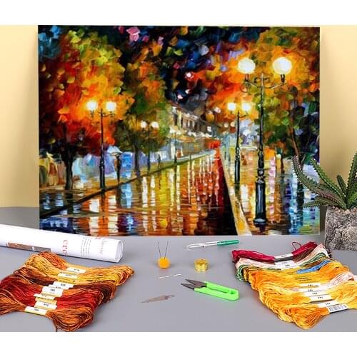 Rainy Perspective Printed Fabric 11CT Cross-Stitch Embroidery Kit DMC Threads Needlework Craft Hobby Knitting Different