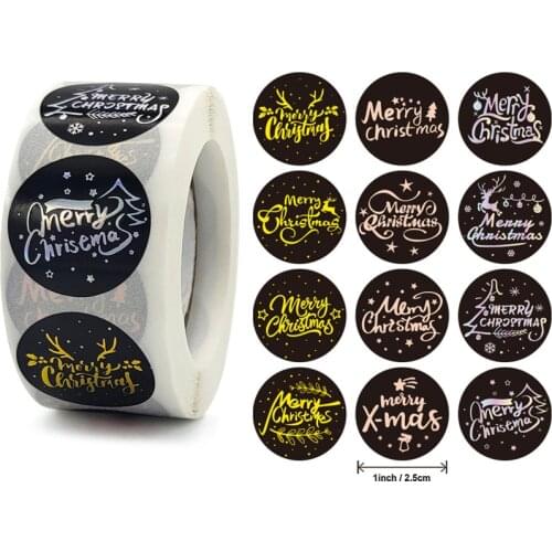 12 Designs Gold Foil Merry Christmas Stickers Black Blue Round Seal Labels for Christmas Gift Card Envelope Holiday Party Favors