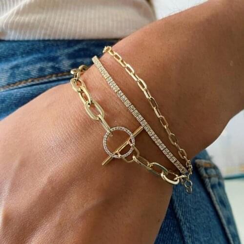 Gold Color Oval Link Chain 16cm 18cm Micro Pave CZ Toggle Clasp Bracelet For Women Fashion