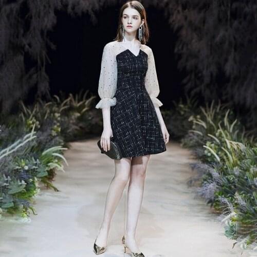 Special Occasion Dresses Vintage V-Neck Three Quarter Lace A-Line Sequined Luxury Black Knee-Length Elegant Women Prom Gown E823