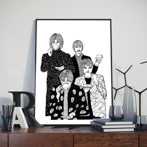 Self-adhesive Wall Sticker Nordic Abstract Drinking Tea Art Posters Black White Four Man Wall Pictures For Living Room Decor