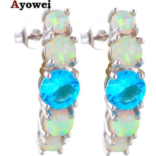 Popular online Navy Blue crystal inlay White Fire Opal Silver Stamped Drop Earrings for women Party Fashion Jewelry OE337A