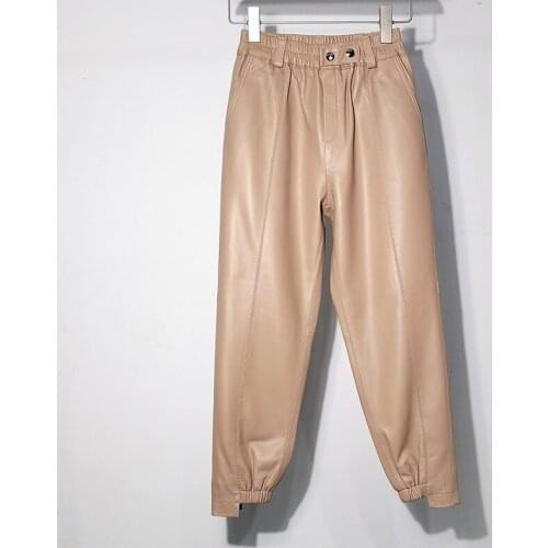 Real Leather Pants Great quality Elastic Waist Genuine Sheep Leather Pants Female Was Thin Soft Leather Pants With Pockets wy283