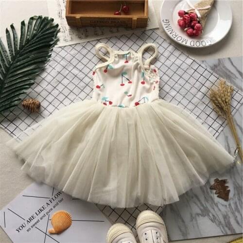 Tonytaobaby Summer New Girl Baby Cherry Soft Yarn Girls Puff Suspender Toddler Dresses Girls Party Dress