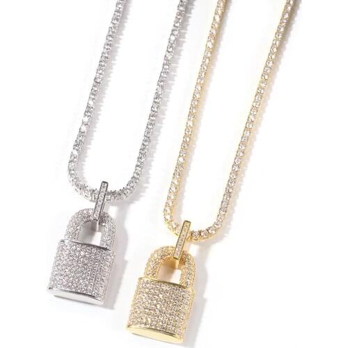Hip Hop Mens Gold Color Zircon Lock Pendant Necklace Crystal Miami Ice Out Cuban Jewerly Hip Hop For Men