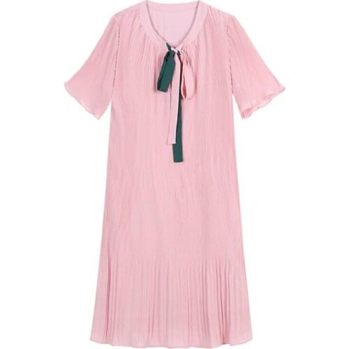PERHAPS U Pink Bow Short Sleeve Chiffon Pleat Loose Solid O Neck Ruffle Knee Length Work Ruched Casual Elegant Dress D0484