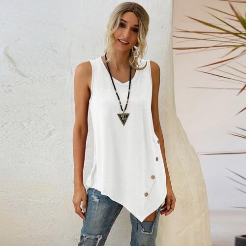 Casual Sleeveless Button Irregular T Shirt Summer 2020 Women Cotton Long Tee Fashion Female Black White Loose Tops Plus Size 2XL